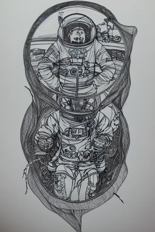 Image similar to 'meditating astronaut by Aaron Horkey, photorealism, line-drawing, water color on white paper'