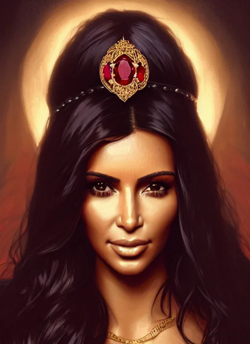 Prompt: portrait of kim kardashian as a vampire princess, jewelry, greek, ruby, intricate, headshot, highly detailed, digital painting, artstation, concept art, sharp focus, cinematic lighting, illustration, art by artgerm and greg rutkowski, alphonse mucha, cgsociety, james gurney