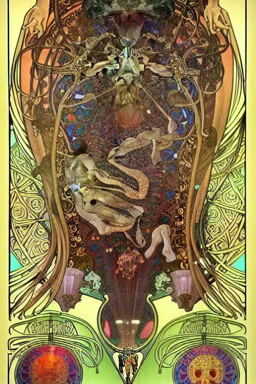 Image similar to extremely psychedelic anatomically accurate diagram of alien animal, intricate parts, fine details, hyper realistic, by seichen, alphonse mucha, surreal