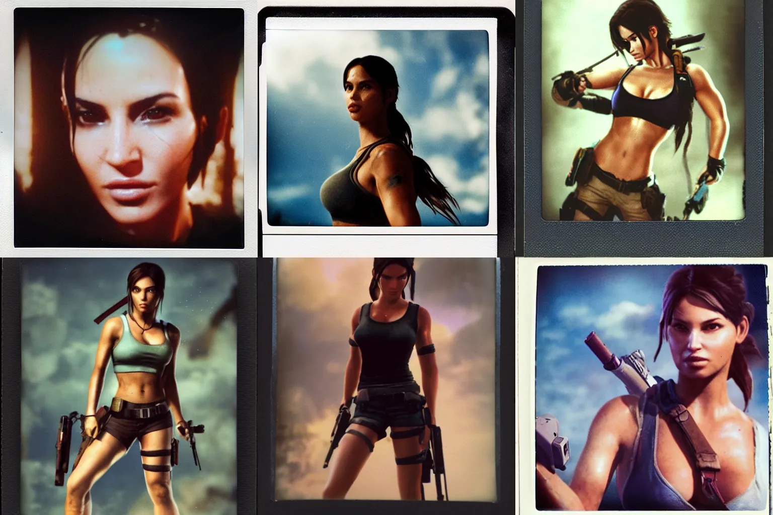 Prompt: a dreamy Polaroid of Lara Croft waking up