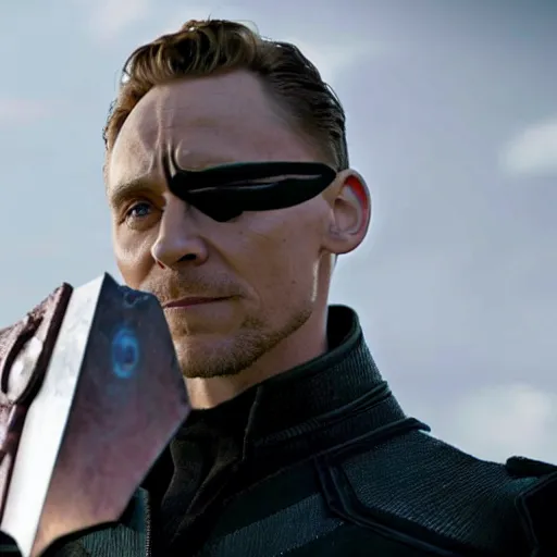 Prompt: film still of Tom Hiddleston as Nick Fury with eye patch in Avengers