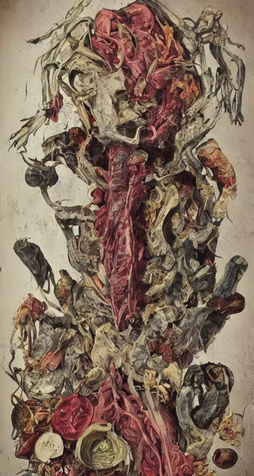 Image similar to Professional arrangement of human flesh, bones, teeth, and rotten meat in a flower vase