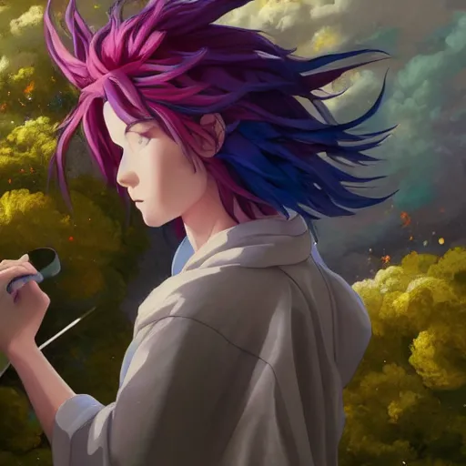 Image similar to a film still portrait of rainbow - haired goddess painting the earth, finely detailed features, closeup at the faces, perfect art, in space, gapmoe yandere grimdark, trending on pixiv fanbox, painted by greg rutkowski makoto shinkai takashi takeuchi studio ghibli, akihiko yoshida