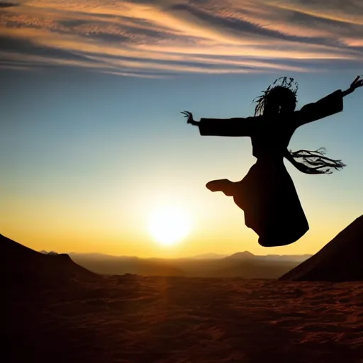 Image similar to cinematic still of silhouette of woman in Biblical clothing jumping for joy, beautiful middle eastern landscape with sunrise behind, Biblical epic movie directed by Steven Spielberg