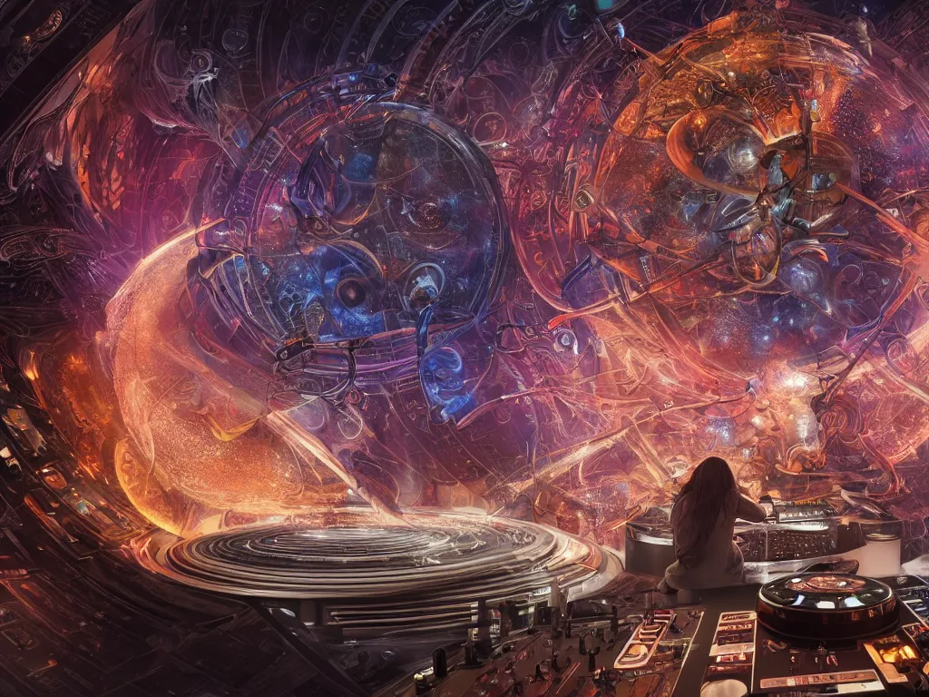 Prompt: an incredible masterpiece of a mystical dj playing a vast array of highly evolved and complex musical technology surrounded by an incredible and complex circular structure in the cosmos, by karol bak, octane render, 8 k