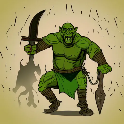 Image similar to illustration of a orc in a maze wielding an axe, full body view, line art, illustrated, simple colors, detailed textures