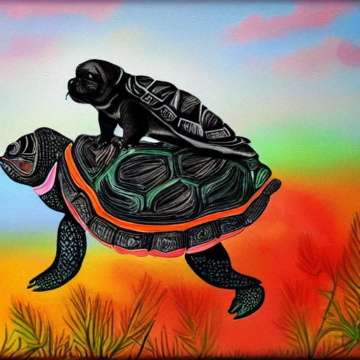 Prompt: a painting of a turtle riding a black pug, colourful, digital art - n 9