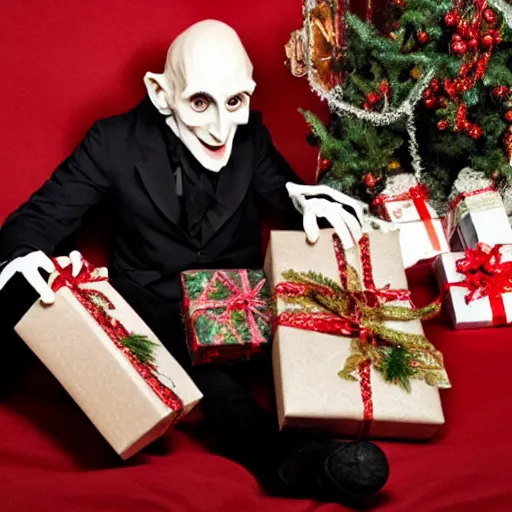 Image similar to count orlok sitting cross - legged by the christmas tree, excitedly opening presents, photograph