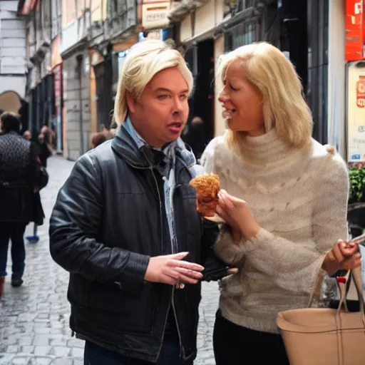 Image similar to a blonde woman & Michael mcintyre searching for food in Porto