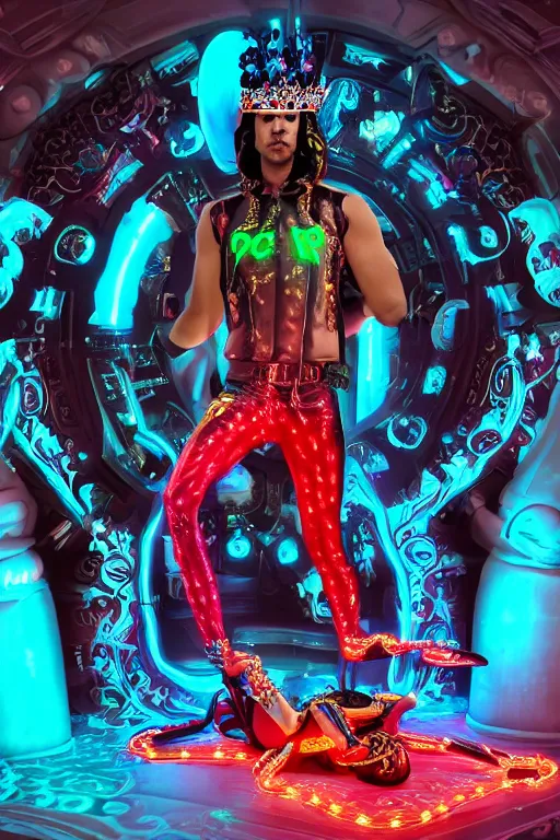 Prompt: full-body rococo and cyberpunk style neon statue of a muscular attractive Jay Sean sim roupa macho dotado e rico android sim roupa reclining con las piernas abiertas e la piroca dura e afuera, glowing red laser eyes, prince crown of red gears, diamonds, swirling black-colored silk fabric. futuristic elements. full-length view. space robots. red balloon animals. human skulls. intricate artwork by caravaggio. Trending on artstation, octane render, cinematic lighting from the right, hyper realism, octane render, 8k, depth of field, 3D