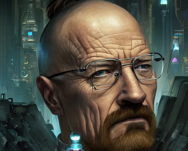 Image similar to walter white with cyberpunk implants, deep focus, d & d, fantasy, intricate, elegant, highly detailed, digital painting, artstation, concept art, matte, sharp focus, illustration, hearthstone, art by artgerm and greg rutkowski and alphonse mucha