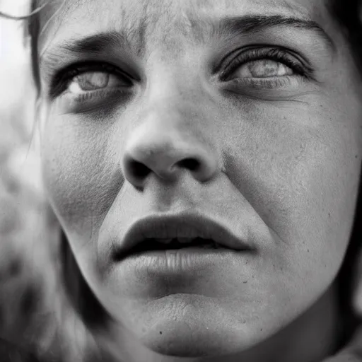 Image similar to a candid extreme closeup portrait of an expressive face of a really moved young woman by annie leibovitz