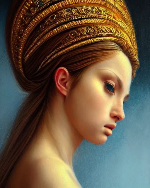 Image similar to portrait of a beautiful goddess, enigmatic beauty, head in focus, intricate, esoteric, elegant, highly detailed, hyperrealistic painting, concept art, painterly, sharp focus, art by
