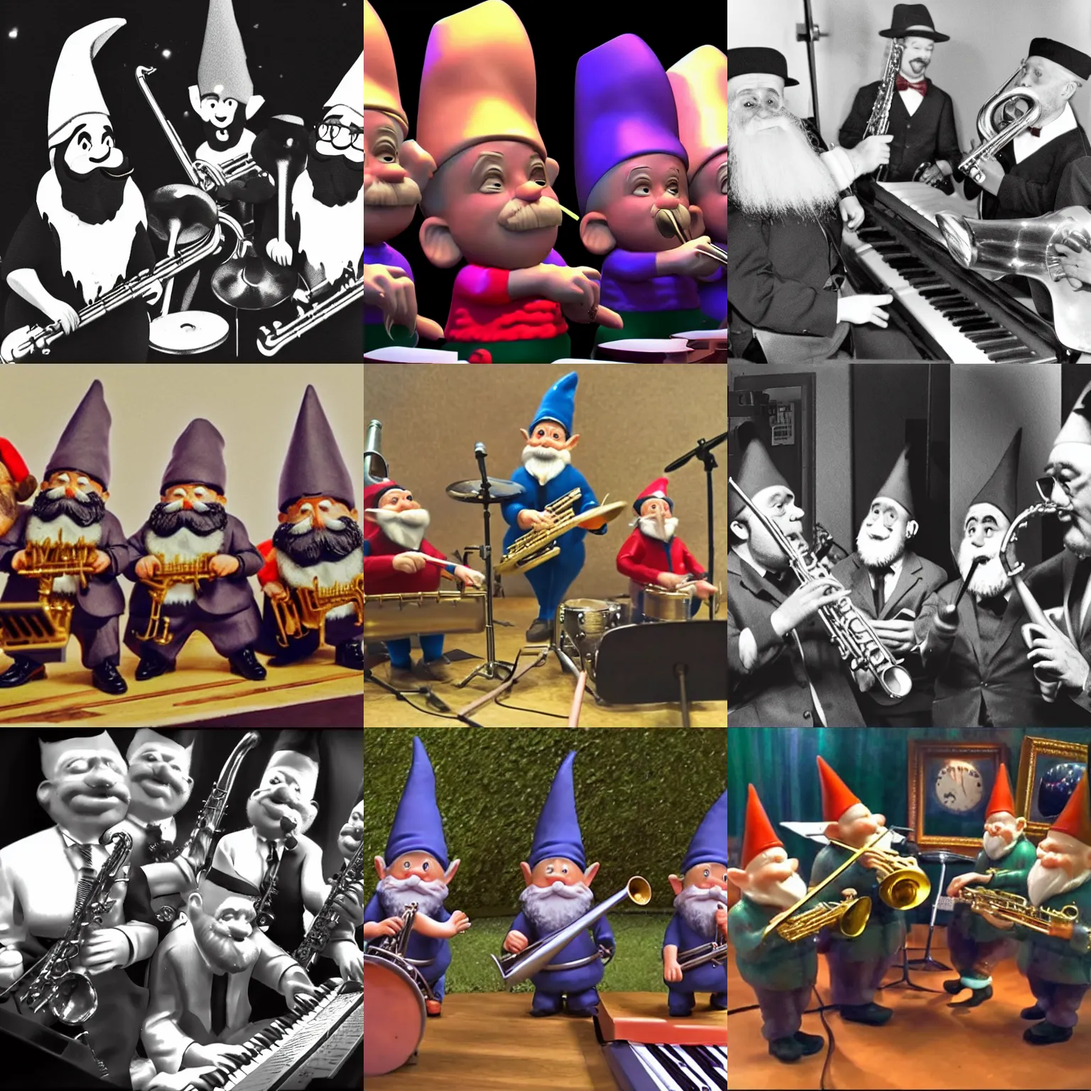 Prompt: footage of a group of gnomes playing in a jazz band