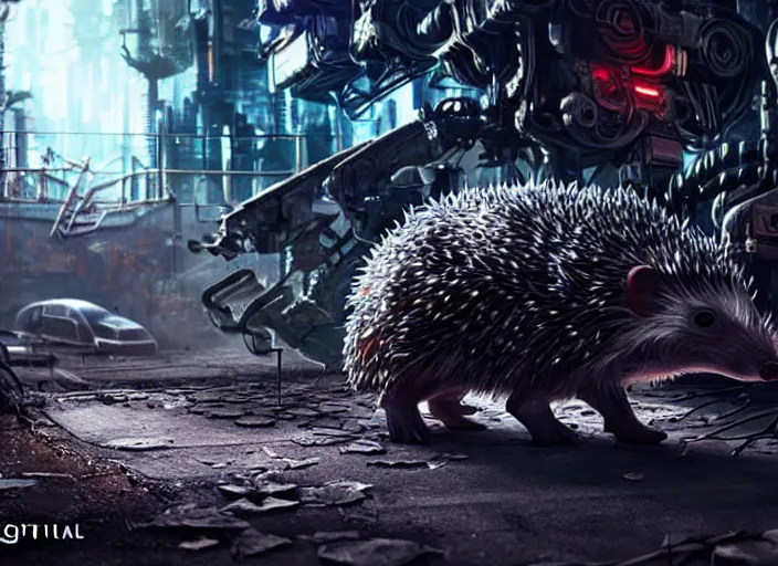 Prompt: intricate terminator hedgehog, on the background of a weird magical mechanical forest. Very detailed 8k. Fantasy cyberpunk horror. Sharp. Cinematic post-processing. Unreal engine. Nanite. Ray tracing. Parallax. Tessellation