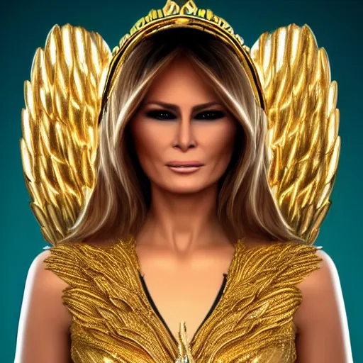 Image similar to melania trump with golden pharaoh headdress, and angel wings, elegant, angelic, trending on artstation