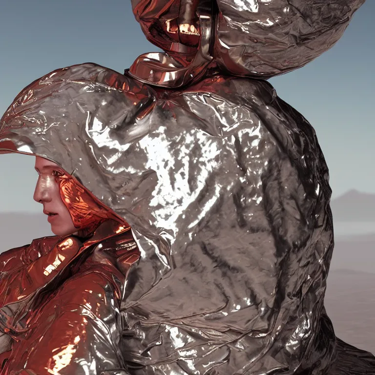 Image similar to octane render portrait by wayne barlow and carlo crivelli and glenn fabry, subject is a woman covered in folded aluminum foil space suit with a colorful metallic space helmet, standing on a red rocky western alien landscape, cinema 4 d, ray traced lighting, very short depth of field, bokeh