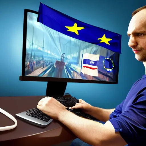 Image similar to european union eu hybrid influencer on blue shirt sitting on chair with eu flag on computer playing games on led keyboard and gaming mouse in style of American propaganda poster, eu flag, european union flag, dark and gloom, extremely detailed oil painting, open room, highly detailed, trending on artstation, concept art, sharp focus, illustration, art by artgerm and greg rutkowski and magali villeneuve