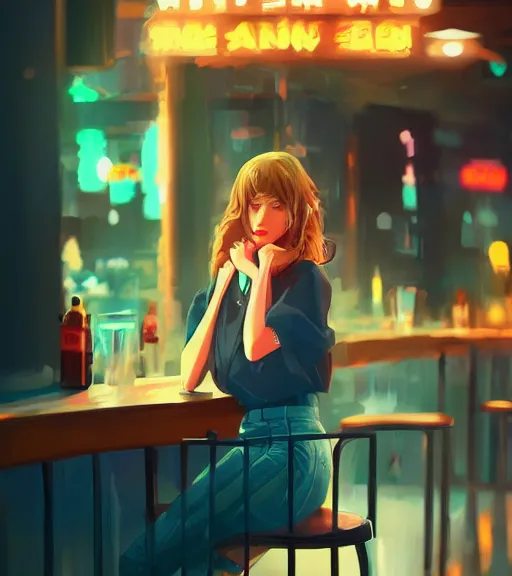 Image similar to pretty woman in a bar, by wlop, rain, poster, anime key visual, artstation