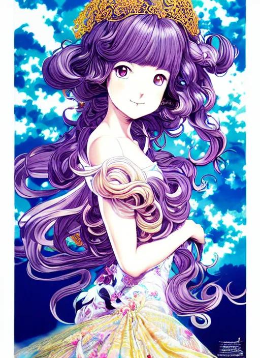 Image similar to exquisite imaginative fate manga poster design of princess, long wavy hair, rococo ruffles dress, by shigenori soejima, minaba hideo, katsuhiro otomo, jump comics, fluorescent, illustration, artstation, dark fantastic, highly detailed, 8 k, maximalist