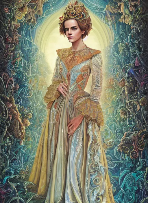 Image similar to beautiful oil painting, full length portrait of Emma Watson in baroque coronation robes 1701, Dan Mumford, Dan Mumford, Alex grey, Alex grey, highly detailed , lsd visuals, dmt fractal patterns, hallucinogen, visionary art, psychedelic art, ornate, vaporwave, baroque