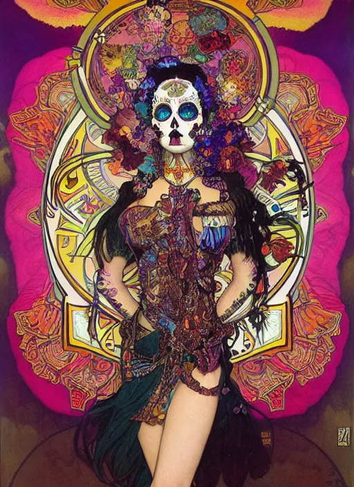 Prompt: psychedelic poster art of a cute punk goth fashion fractal Día de los Muertos tattooed girl posing by Victor Moscoso Rick Griffin Alphonse Mucha Gustav Klimt Ayami Kojima Amano Charlie Bowater, masterpiece