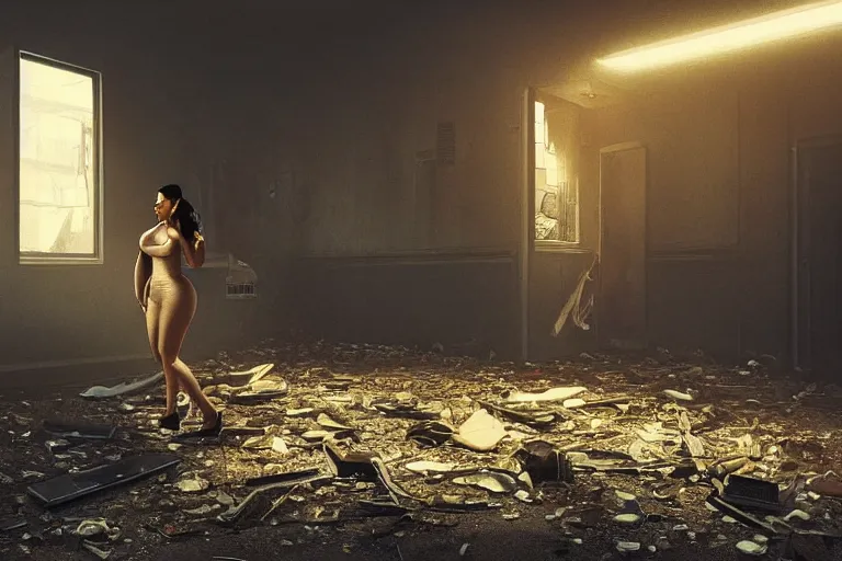 Prompt: photo still of kim kardashian as a cop inside a derelict apartment, glowing walkie talkie, realistic, wide shot, symmetrical, highly detailed, digital photo, instagram, hyper realistic, smooth, sharp focus, illustration, cinematic lighting, art by artgerm and greg rutkowski and alphonse mucha