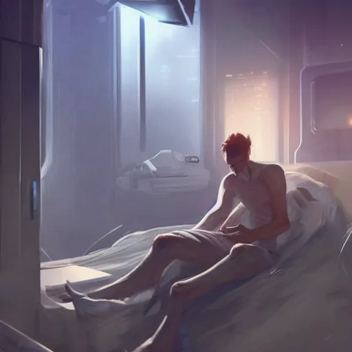 Image similar to concept art by greg rutkowski, very tall and slender young man waking up in a hospital bed, futuristic and high - tech setting but desolate and dimly lit, scifi, highly detailed portrait, digital painting, artstation, concept art, smooth, sharp foccus ilustration, artstation hq