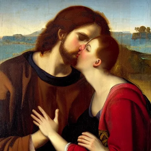 Image similar to 1 8 th oil panting of a jesus kissing with maria maddalena