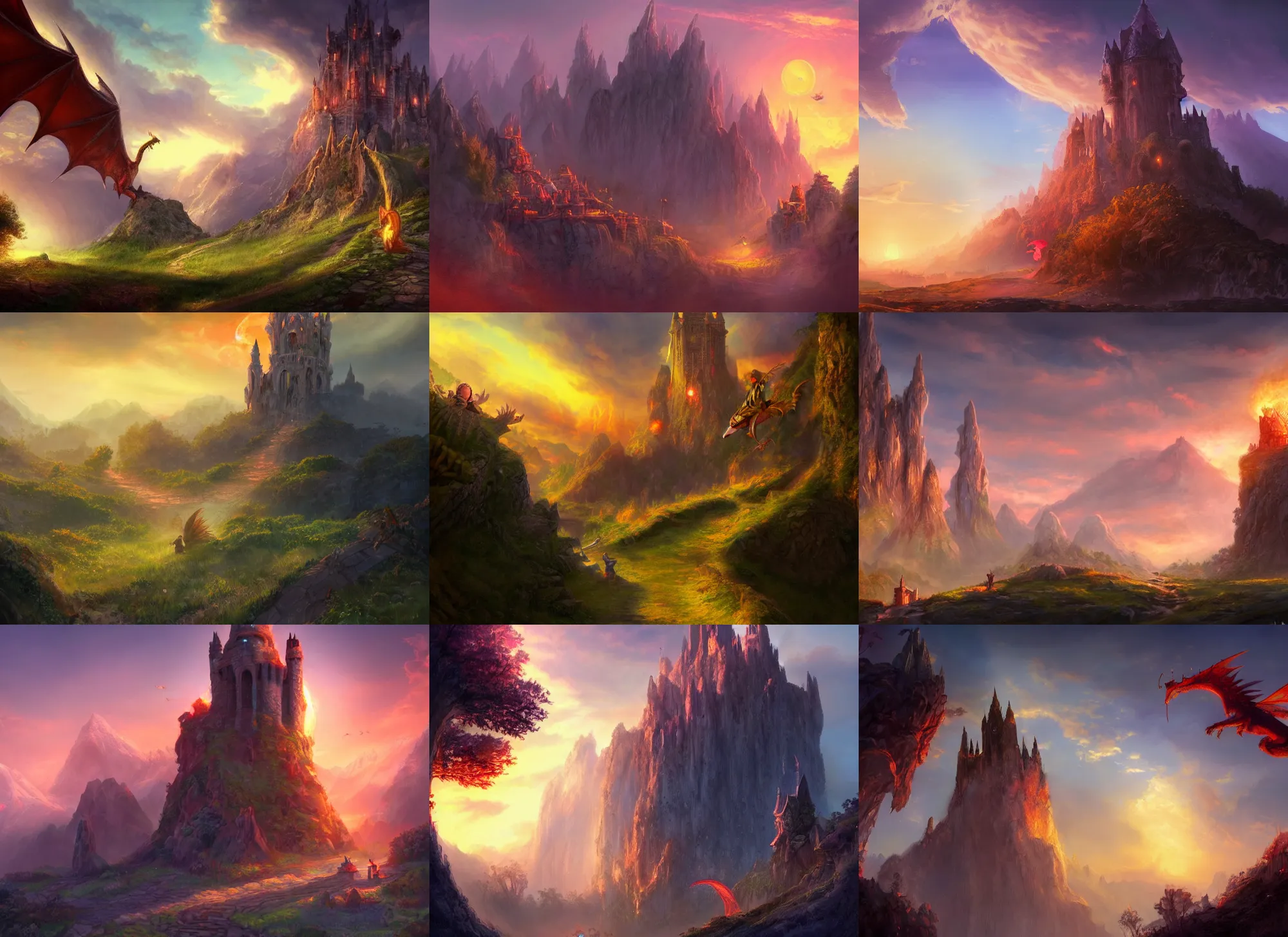 Prompt: a beautiful magical fantasy landscape with a path leading to a glorious ancient castle, a troll wandering around and and a majestic fiery dragon flying in the sky, evening light, dawn, tall tower in the distance, concept art, artstation, award - winning
