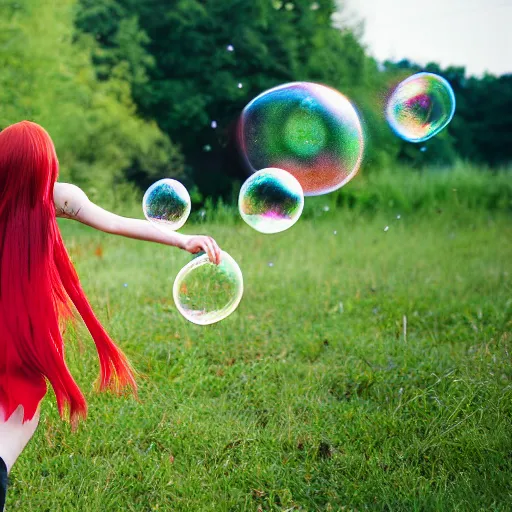 Prompt: red haired anime girl chasing bubbles through a field