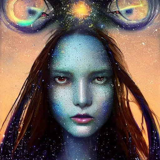 Prompt: 3 d, sci - fi, close - up, morning, smiling fashion model face with stars in eyes, sun, cinematic, clouds, sun rays, vogue cover style, poster art, blue mood, realistic painting, intricate oil painting, high detail illustration, figurative art, multiple exposure, poster art, by tooth wu and wlop and beeple and greg rutkowski