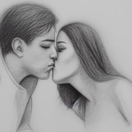 Prompt: close up of young lovers kissing, pencil sketch