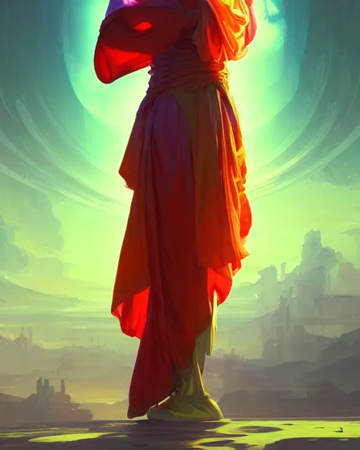 Prompt: a robot monk wearing a flowing cloak, vaporwave aesthetic, colorful, psychedelic, digital painting, artstation, concept art, smooth, sharp focus, illustration, art by artgerm and greg rutkowski and alphonse mucha