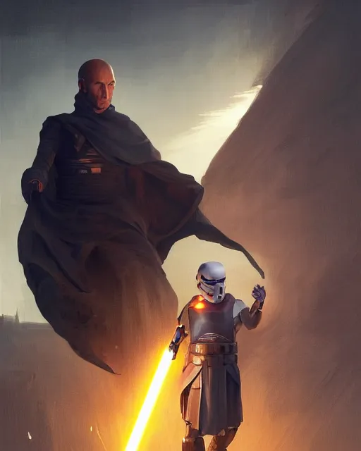 Image similar to painting portrait of Emmanuel Macron dressed as Arcann in Star Wars, sharp focus, waist up, trending on ArtStation, masterpiece, by Greg Rutkowski, by Ross Tran, by Fenghua Zhong, octane, clear eyes, soft render, clear facial features, oil on canvas, moody lighting, cinematic, professional environment concept art