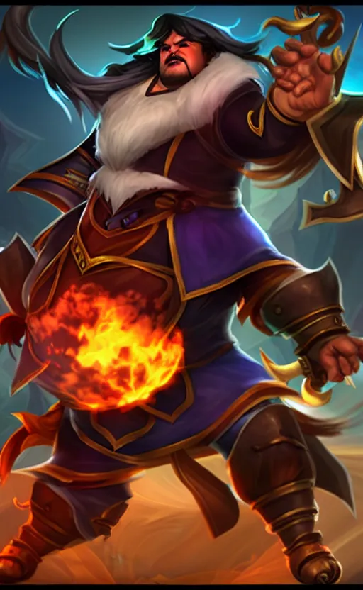 Image similar to Jack Black as a character in the game League of Legends, with a background based on the game League of Legends, detailed face, old 3d graphics