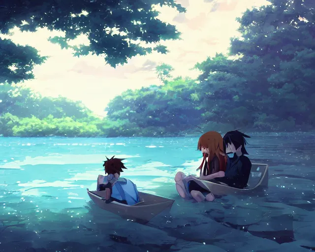 Image similar to a boy and a girl with long flowing auburn hair, boy has short black hair, sitting next to each other in one single boat. Atmospheric lighting, long shot, romantic, boy and girl are the focus, trees, blue water. Anime. By Makoto Shinkai, Stanley Artgerm Lau, WLOP, Rossdraws, James Jean, Andrei Riabovitchev, Marc Simonetti, krenz cushart, Sakimichan, D&D trending on ArtStation, digital art.