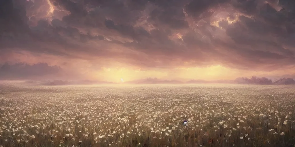 Prompt: concept art of a white flower field stained in blood, dramatic, epic painting, sunset skies, painting by wlop, nixeu and greg rutkowski, beautiful, semirealism, artstation, octane render, oil painting, sharpness, 8 k, golden ratio