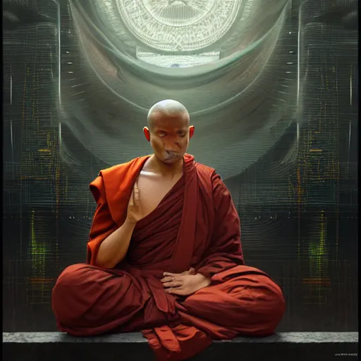 Prompt: ultra realistic illustration, buddhist monk meditating, cyberpunk, sci-fi, fantasy, intricate, elegant, highly detailed, digital painting, trending on artstation, sharp focus, illustration art in the style of artgerm, by greg rutkowski, by albrecht durer W 1024