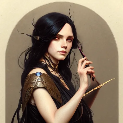 Image similar to Portrait of female sorceress, dark fantasy, medium shot, intricate, elegant, highly detailed, digital painting, artstation, concept art, smooth, sharp focus, illustration, art by artgerm and greg rutkowski and alphonse mucha