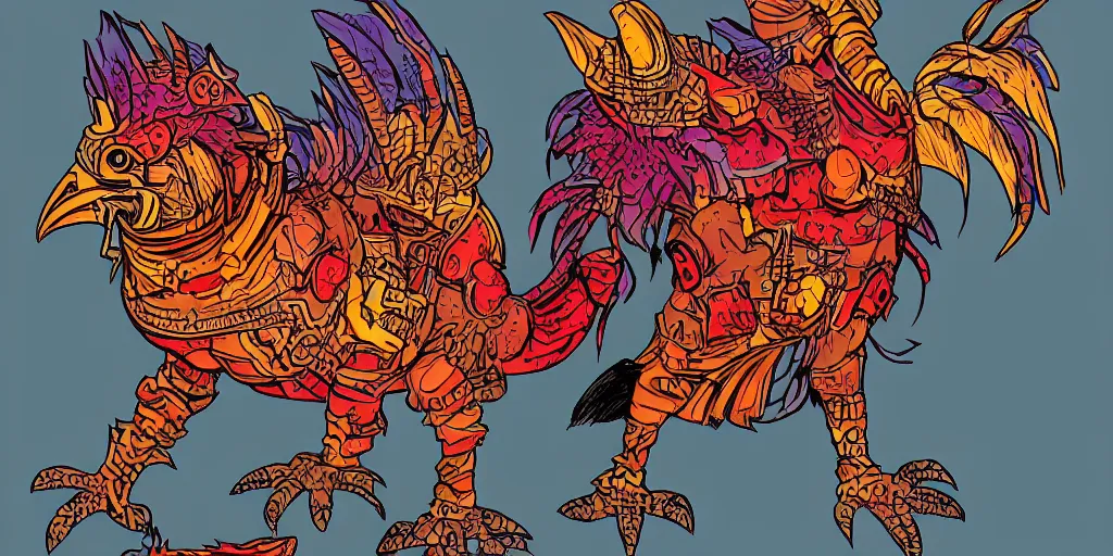 Prompt: colorful illustration of an armoured warrior rooster, mix of styles, angry, aggressive, blood, battle