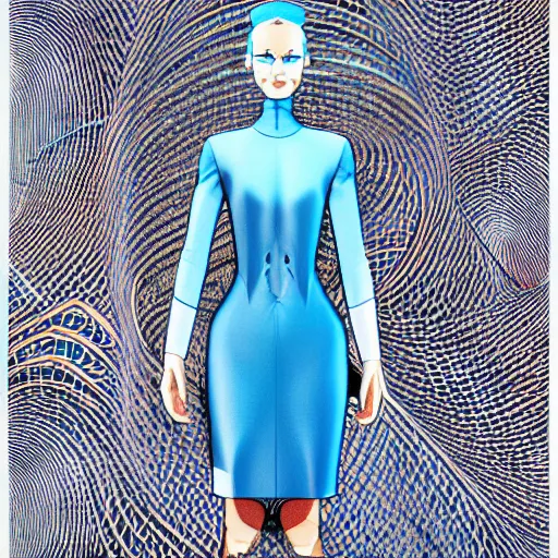 Image similar to a beautiful woman wearing a futuristic dress by alexander mcqueen, thom browne, junya watanabe, artgerm, arabian beauty, blue eyes, smile, futuristic, organic dress, pattern, concept art, fantasy