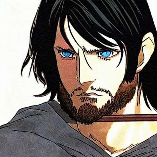 Image similar to aragorn from the anime lord of the rings (1986), looking serious, some beard, studio ghibli, very detailed, realistic