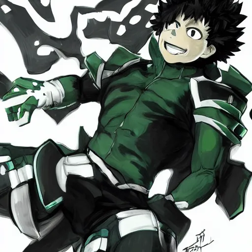 Prompt: Portrait of Izuku Midoriya from My Hero Academia, in the style of Yoji Shinkawa, trending on art station, concept art, highly detailed, dynamic pose