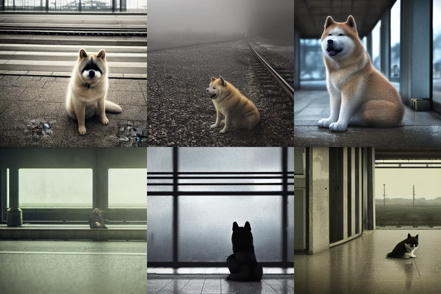 Prompt: high detail photo of a depressed akita inu sitting alone at a train station, desolate, atmospheric, hazy, melancholic, autochrome, 8k, reflections, octane render, unreal engine 5