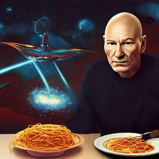 Image similar to patrick stewart eating spaghetti in a star ship concept art, ultra realistic, digital art, rich deep colors, smooth shadows, high resolution, cinematic