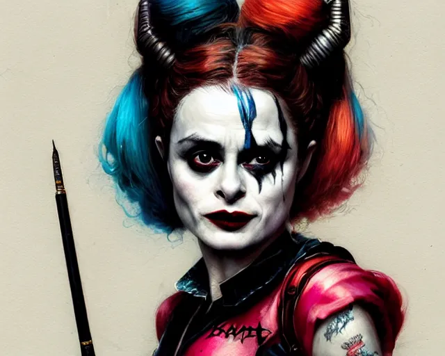 Image similar to highly detailed portrait of helena bonham carter as harley quinn, in batman : arkham knight, stephen bliss, unreal engine, fantasy art by greg rutkowski, loish, rhads, ferdinand knab, makoto shinkai and lois van baarle, ilya kuvshinov, rossdraws, tom bagshaw, global illumination, radiant light, detailed and intricate environment