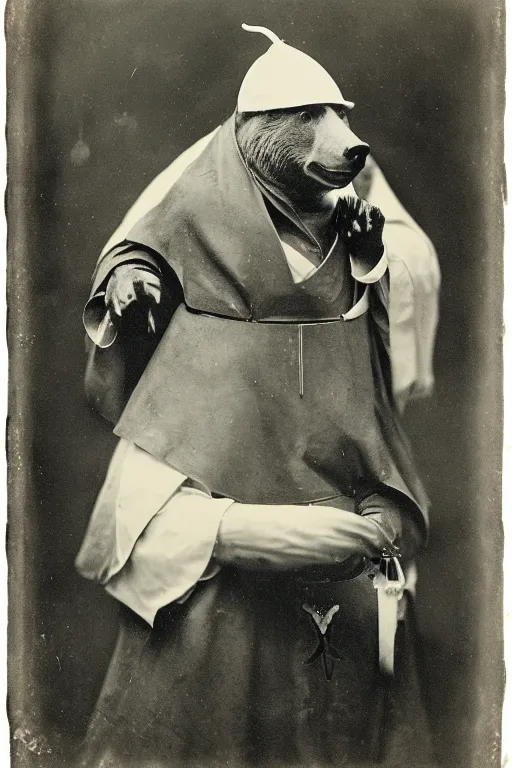 Prompt: a wet plate photo of an anthropomorphic bear pope