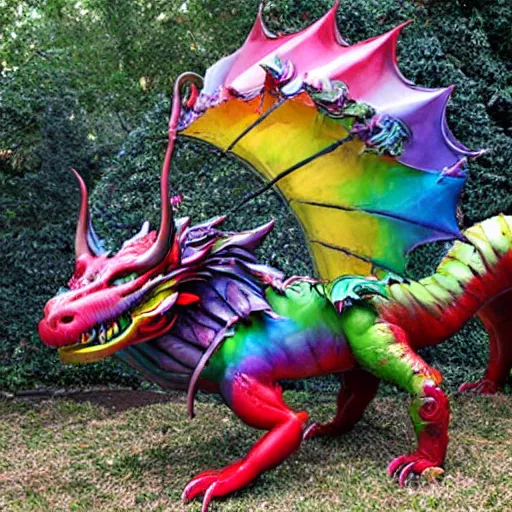 Prompt: rainbow dragon hyperblast art by ed binkley and bordalo ii and john chamberlain and craola, highly detailed