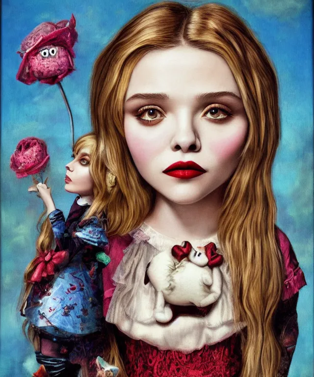 Prompt: portrait of Chloe Moretz in wonderland, lowbrow painting by Mark Ryden